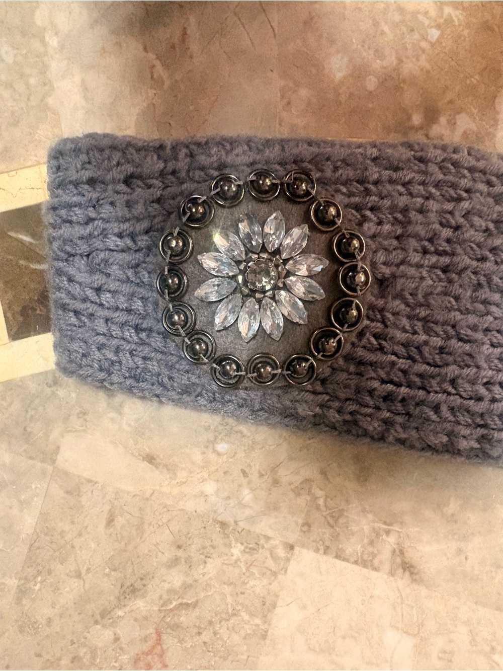 Gray Knit Headband/ear warmer with Crystal Flower Accent - Gray